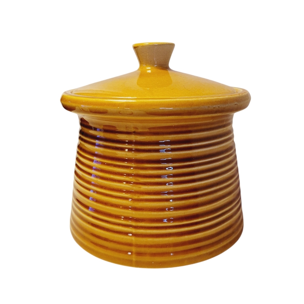Crown Devon Lidded Crock Made in England 1960s Textured Stripe Base 8" High
